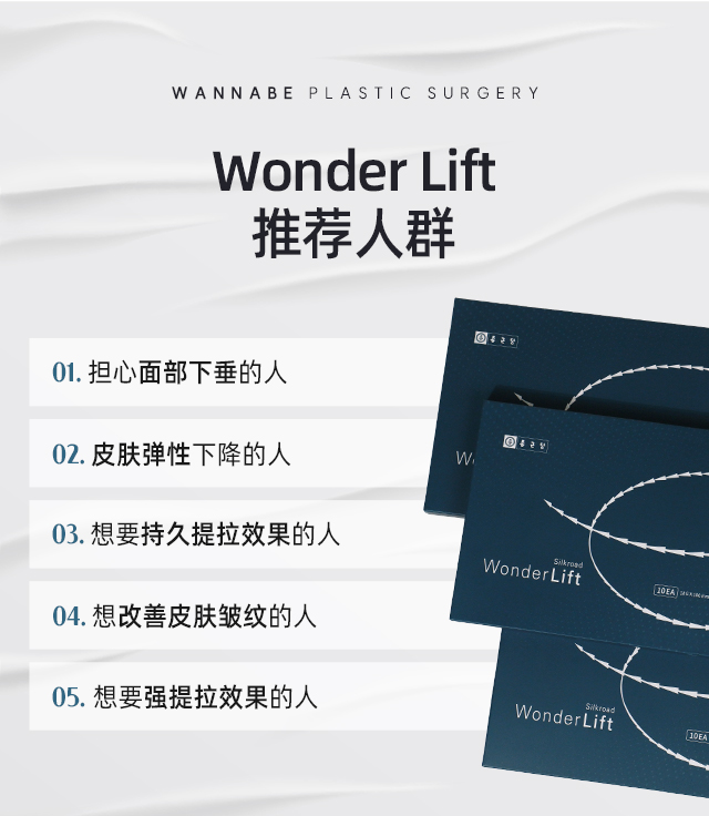 Wonder Lift, 推荐人群! 1. 担心面部下垂的人, 2.皮肤弹性下降的人, 3.想要持久提拉效果的人, 4.想改善皮肤皱纹的人, 5.想要强提拉效果的人.